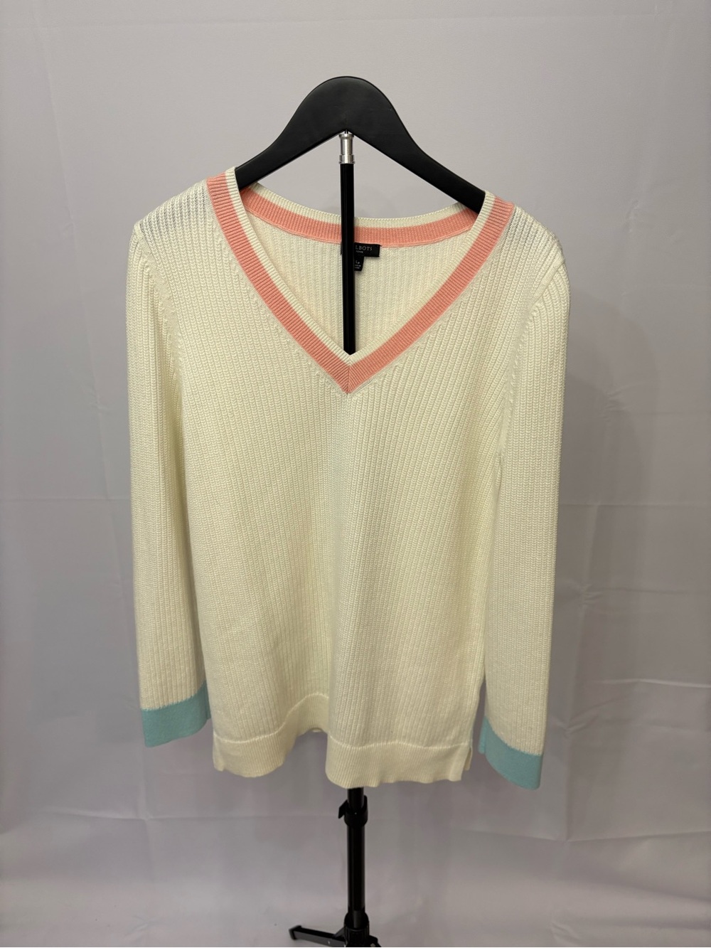 Talbots Cream V-Neck Sweater with Pink Trim and Light Blue Cuffs